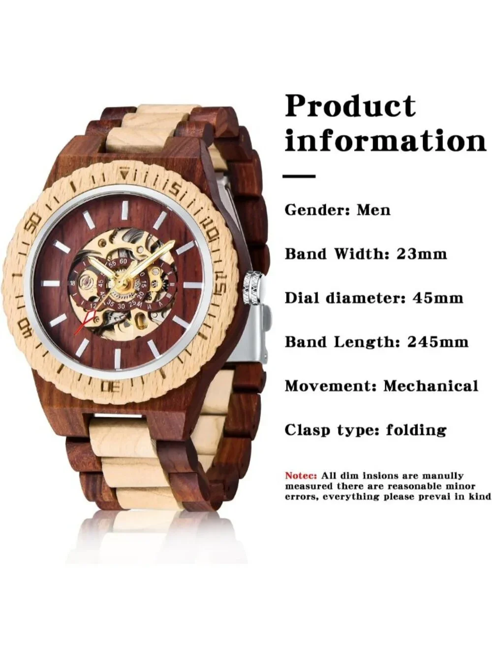 Men's Red And Beige Analog No Battery Fashion Mechanical Movement Wooden Watch